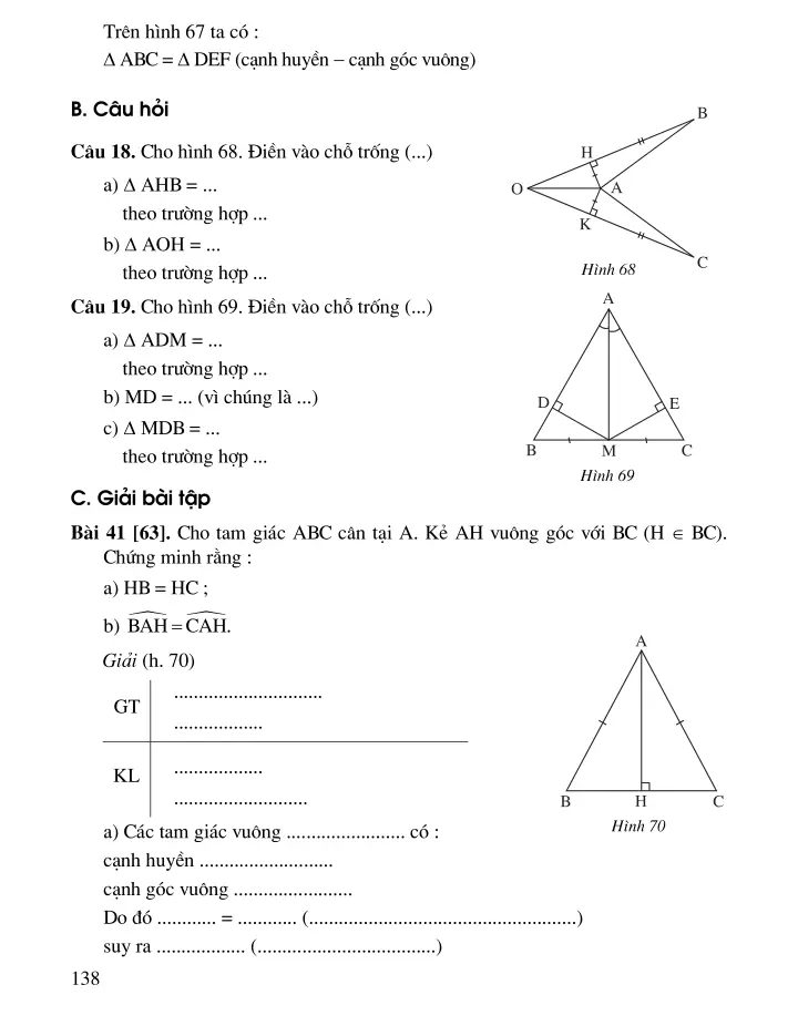Bài 8: Các trường hợp bằng nhau của tam giác vuông